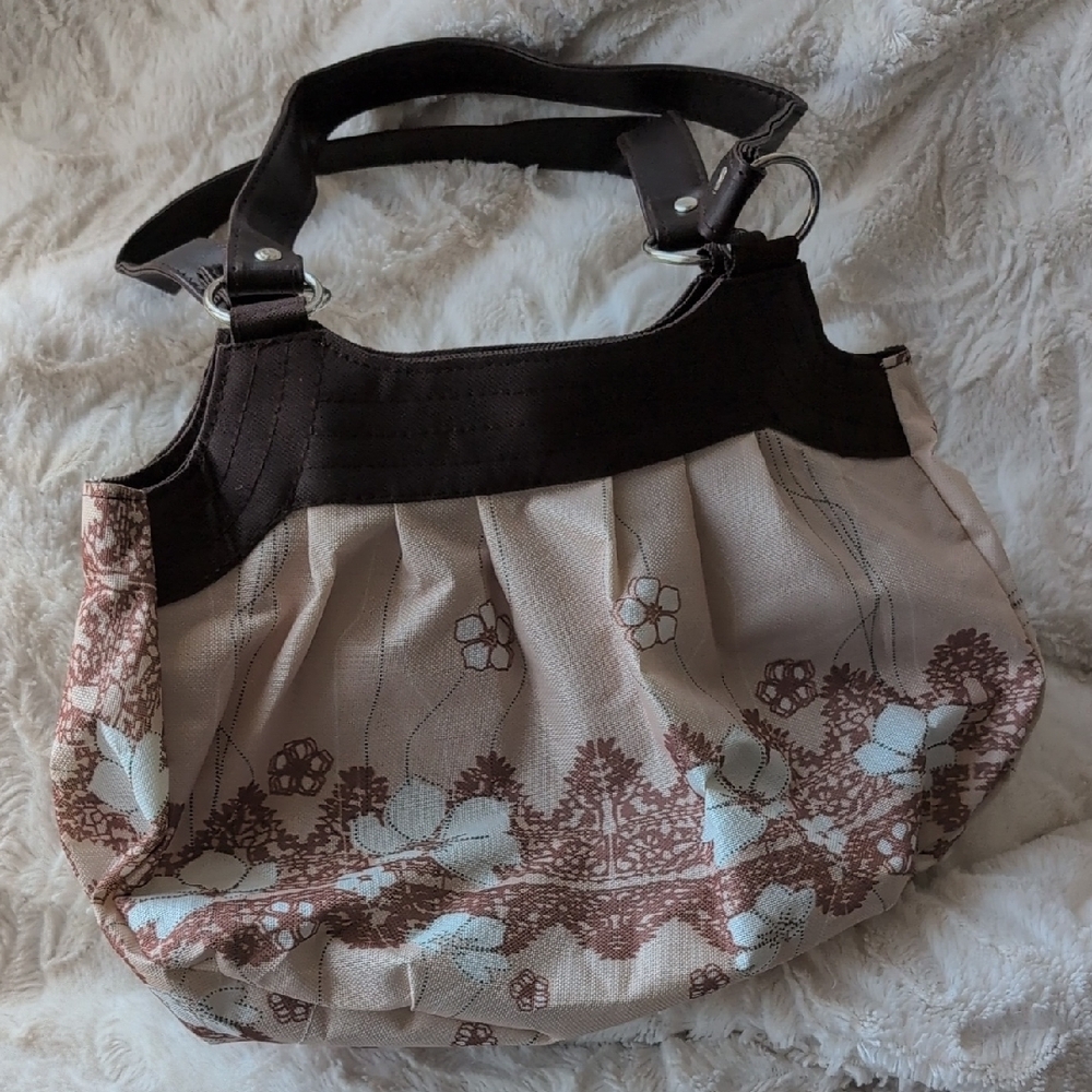 Vintage Chic Brown and Cream Fabric Shoulder Bag with Floral Design